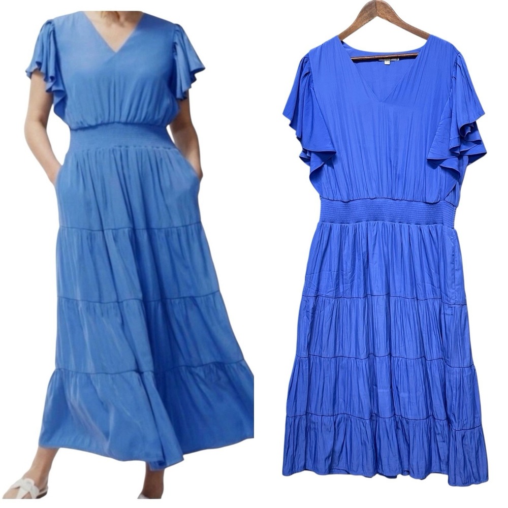 Chico's Womens Size 3 US 16 Blue Tiered Maxi Dress Flutter Sleeve V-Neck Pockets